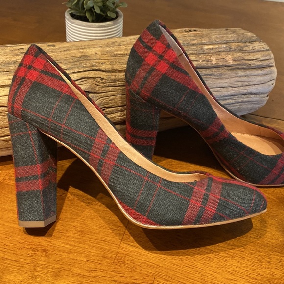J. Crew Tartan Red and Gray Plaid Block Heel Shoes - Picture 2 of 5